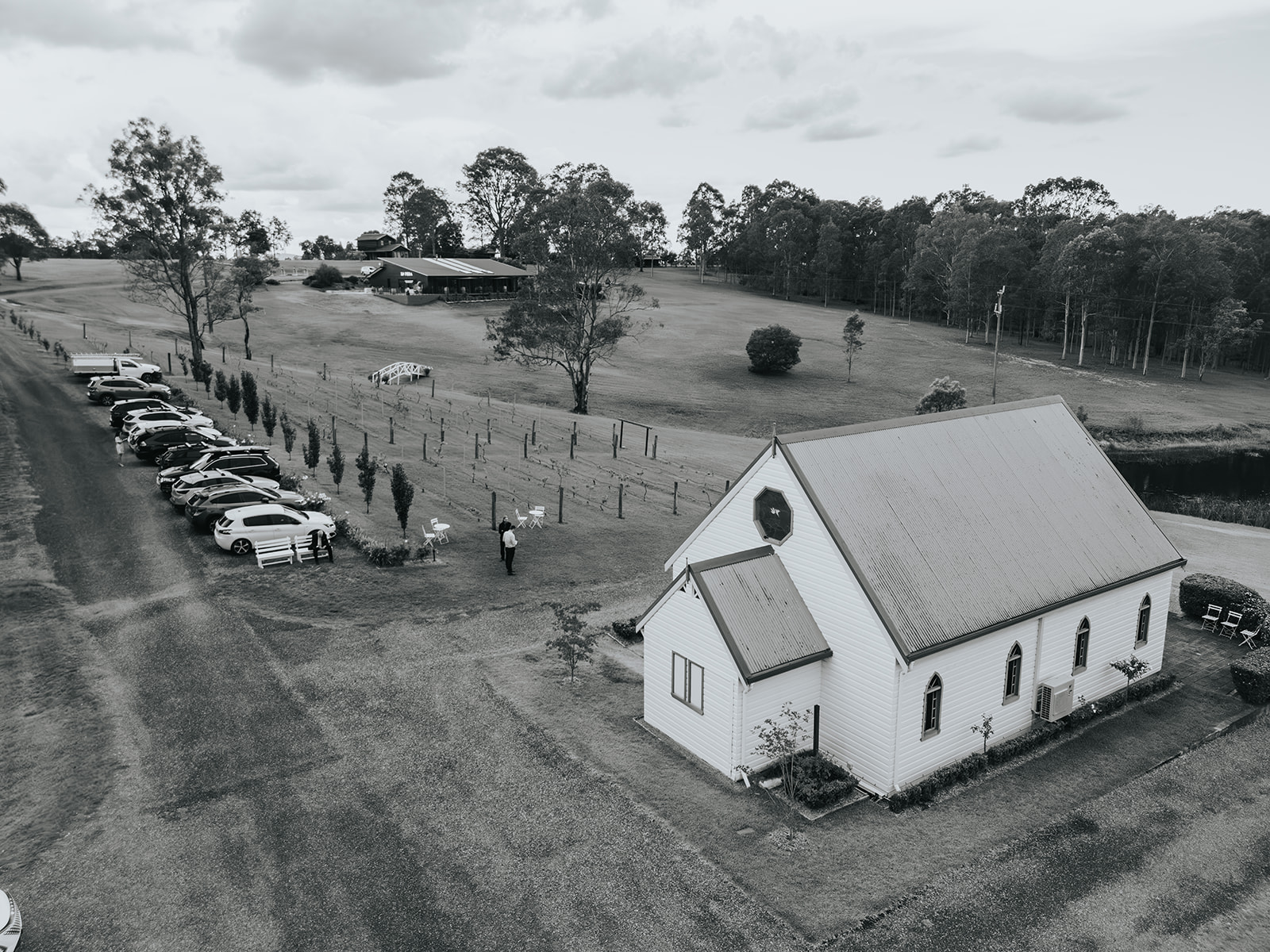 Drone view of guests arriving at the La Pera Estate chapel