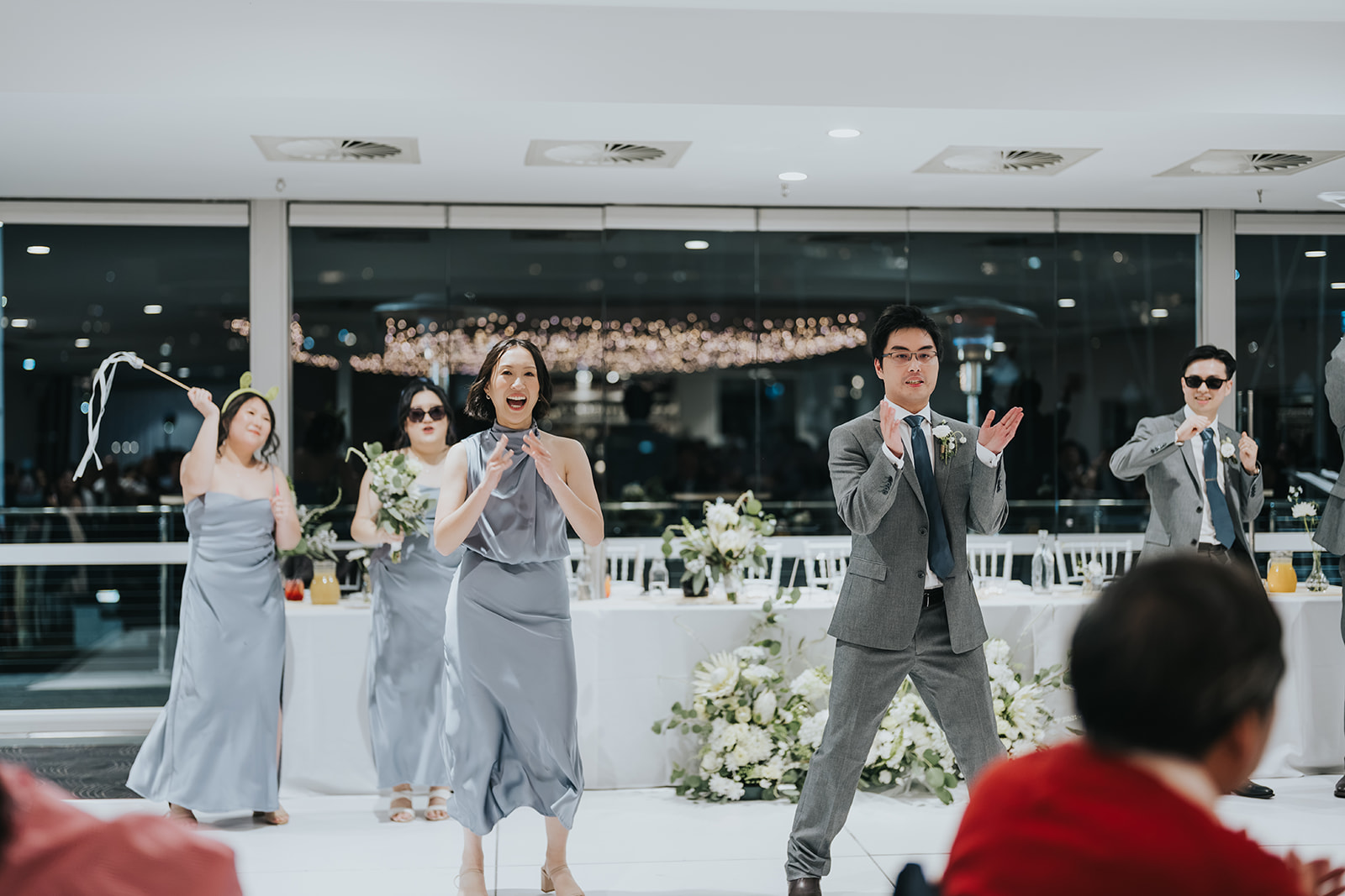 The bridal party dancing in for the grand entrance