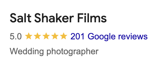Salt Shaker Films on Google: 5.0 stars from 201 Google reviews, wedding photographer